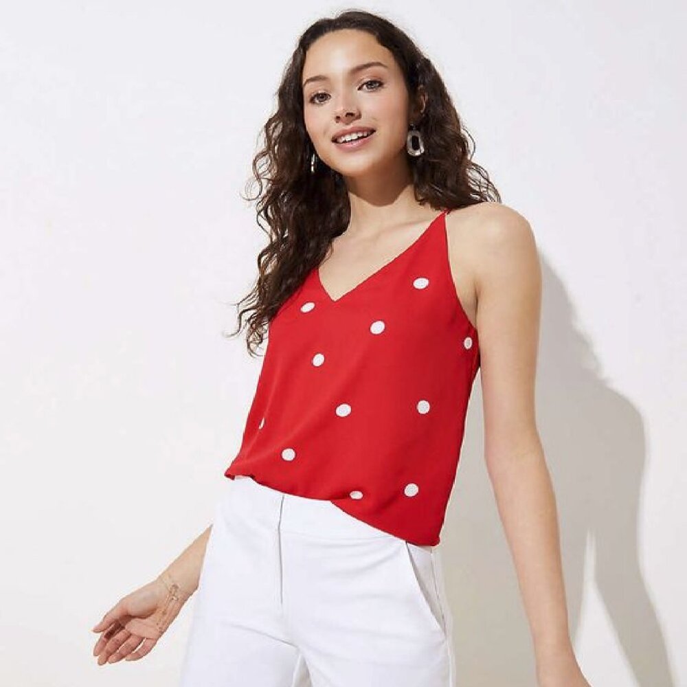 LOFT Petite XS Red Polka Dot Camisole V-Neck Spaghetti Strap Racerback Like New